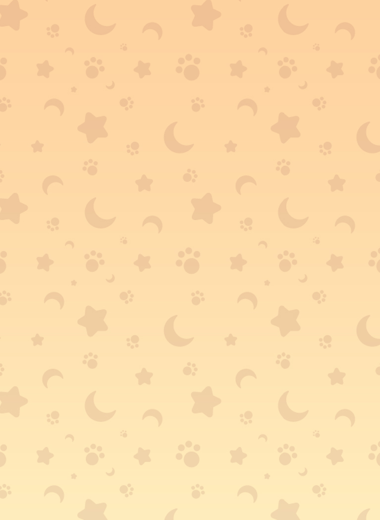 Orange to Yellow gradient background with sun, stars, moon and paw prints pattern
