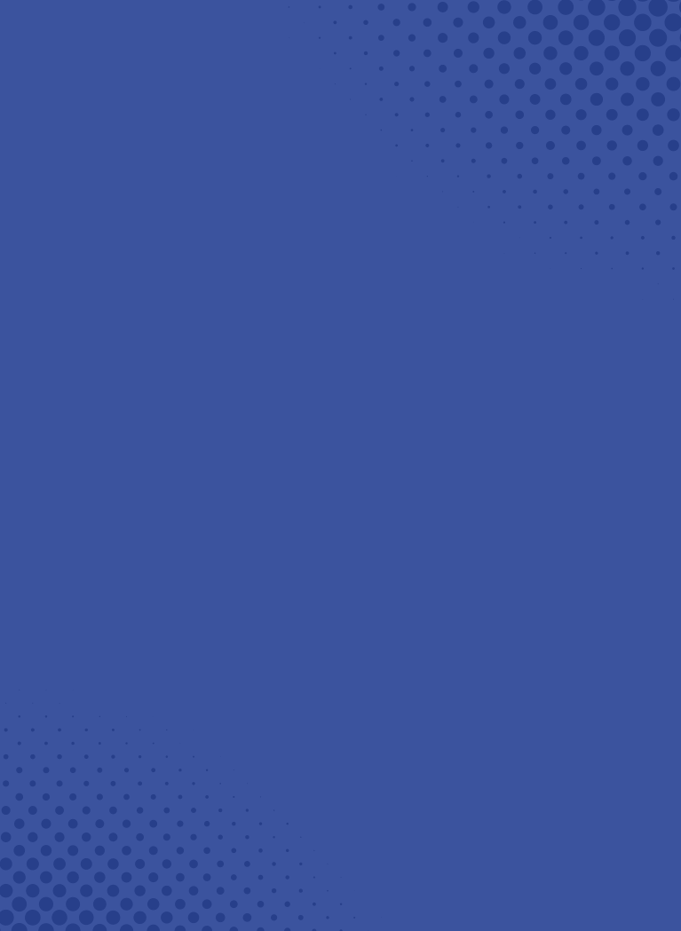 Blue halftone comic-style background with fading dot patterns in the top-right and bottom-left corners.