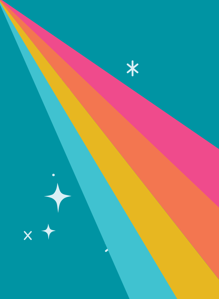 Teal background with muted rainbow and stars