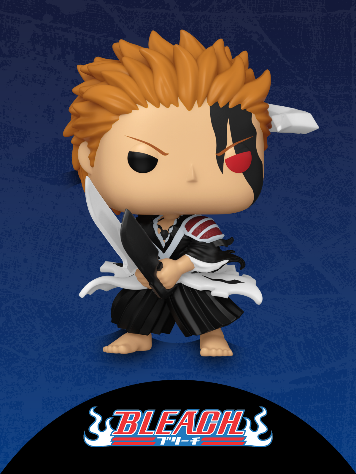 Dark Blue gradient background with subtle grunge texture featuring Funko Pop! Bleach vinyl collectibles