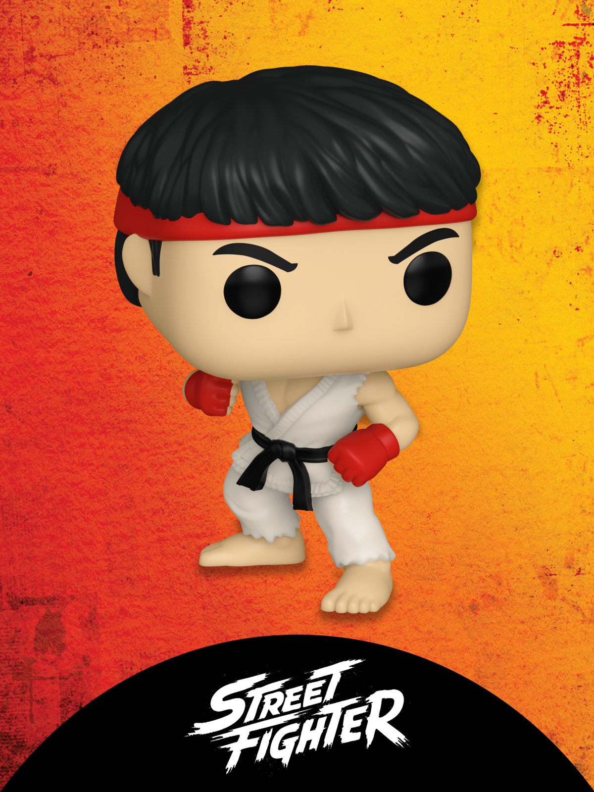 Red Orange gradient background with grunge marks featuring Street Fighter Funko Pop! vinyl collectible