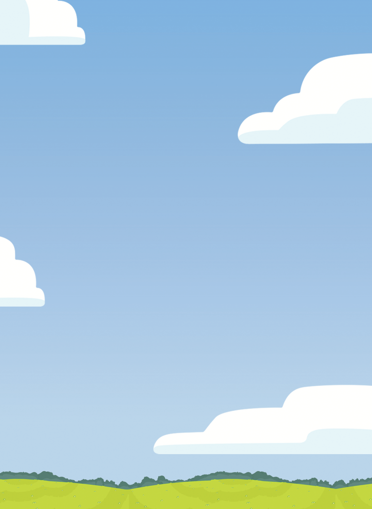 Cartoon Blue cloudy sky background with rolling Green hills