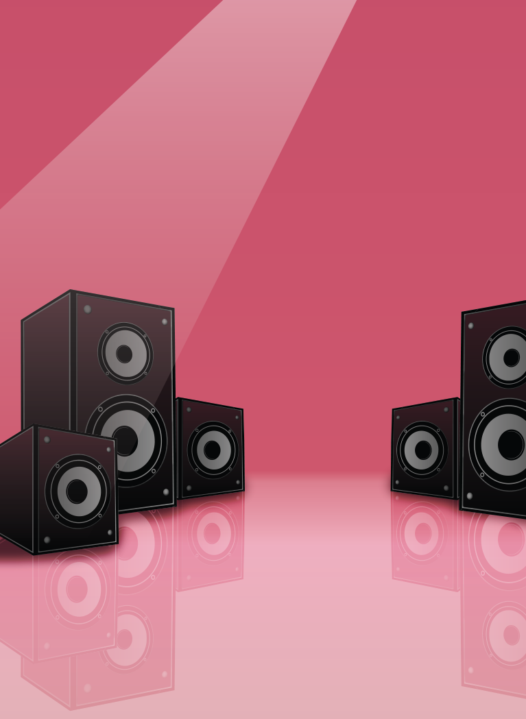 Pink stage background with spotlight and Black speakers