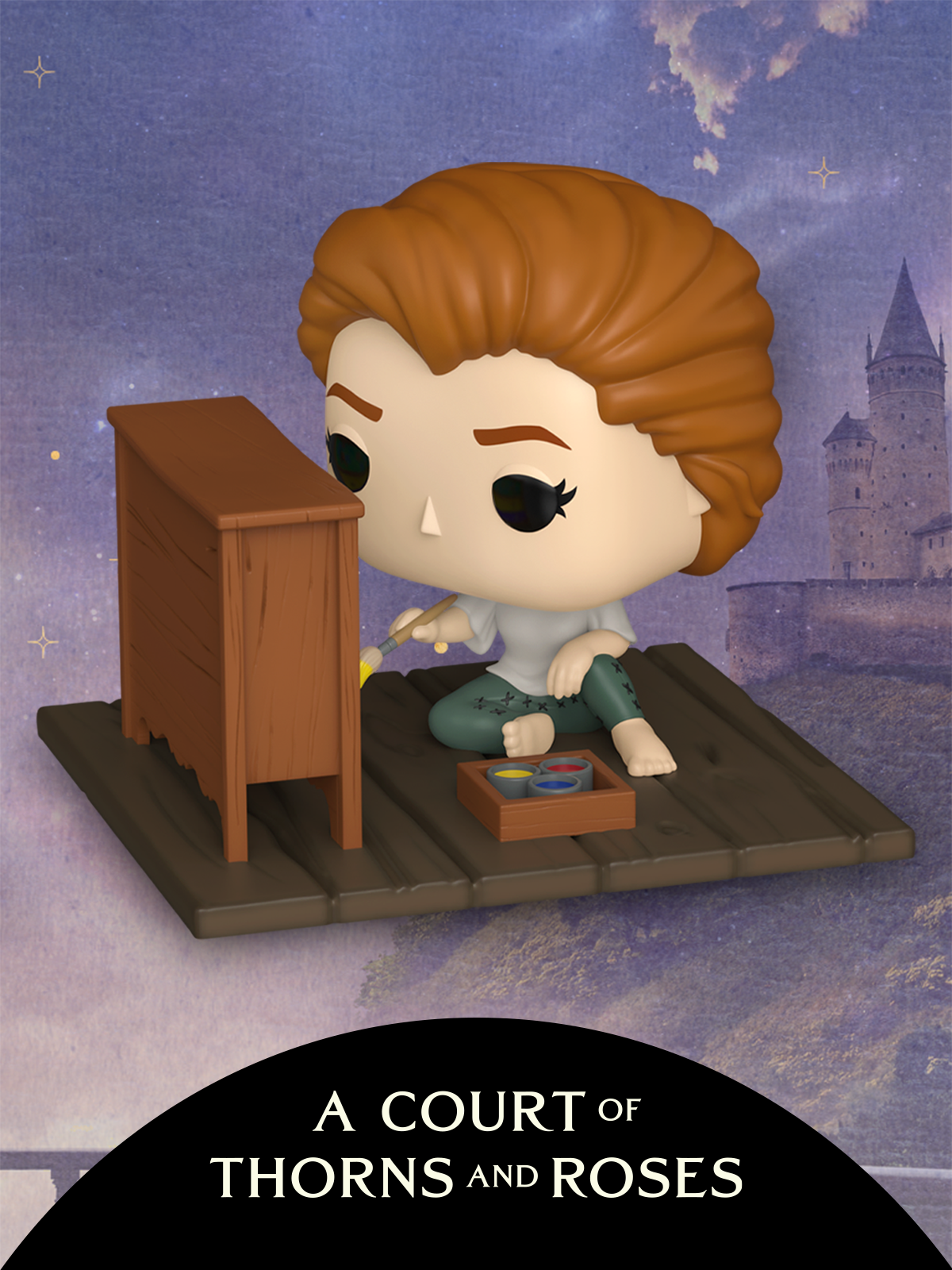 Watercolor fantasy background featuring Funko Pop! A Court of Thorns and Roses vinyl collectibles
