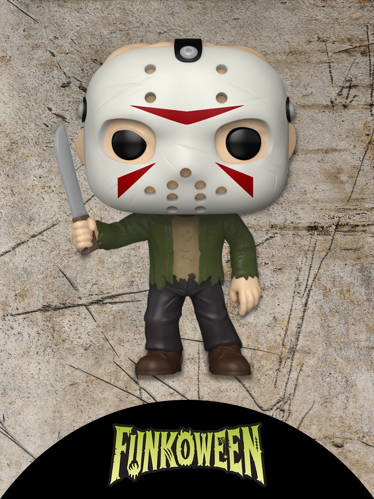 Tan beige background with grunge and slash marks featuring Funko Pop! Jason vinyl collectible
