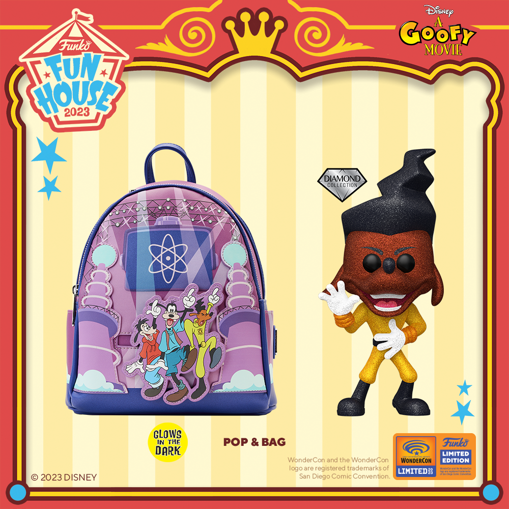 2023 WonderCon exclusive Loungefly Disney Powerline Eye to Eye Mini Backpack and diamond glitter Pop! bundle.